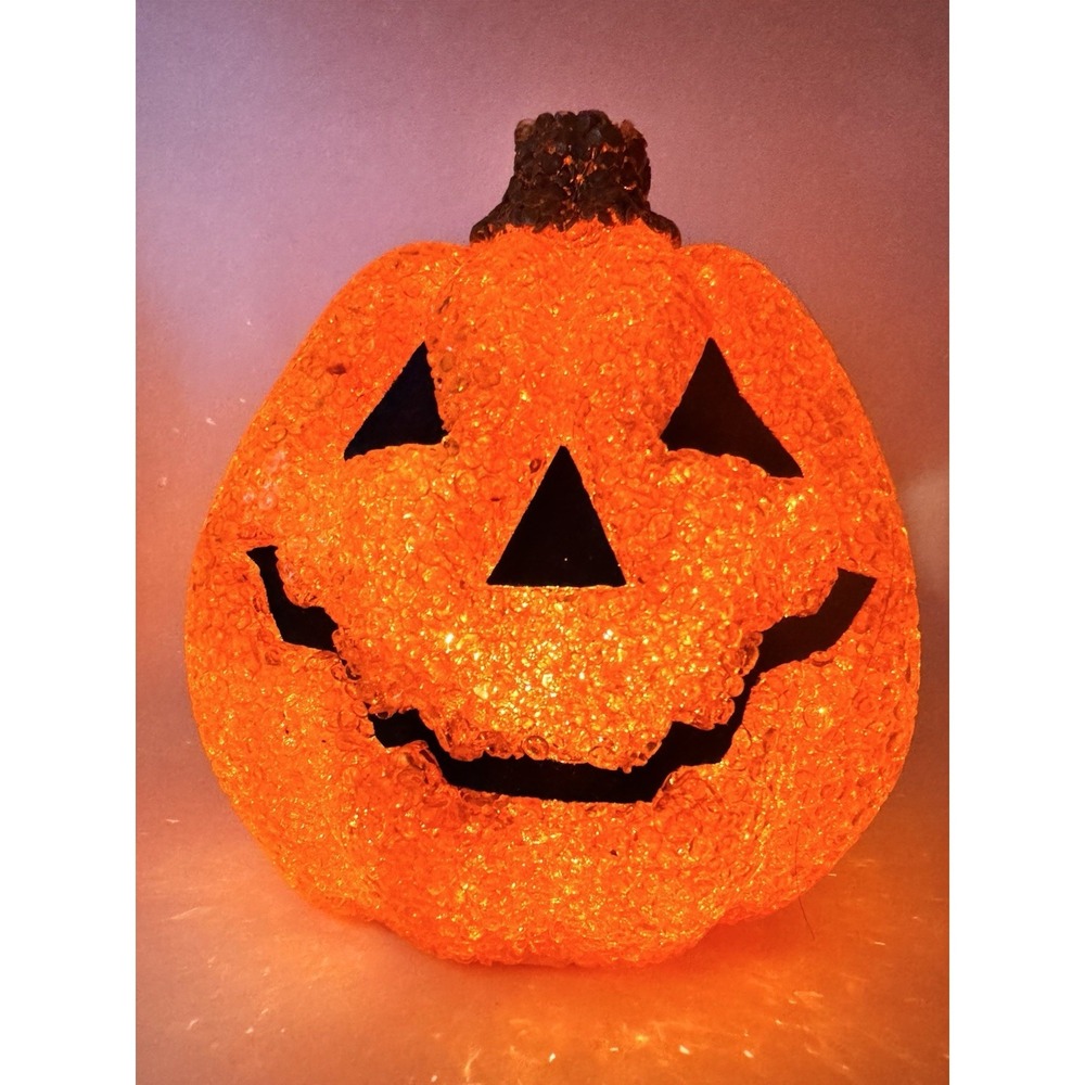 Light Up Jack O Lantern Pumpkin Halloween Decoration Orange Acrylic LED Battery
